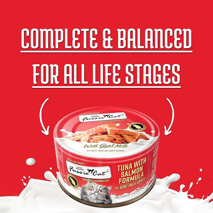 Fussie Cat Premium Canned Wet Cat Food in Goat Milk Gravy - 2.47 oz Cans - Case of 24 Cans (Tuna & Salmon)