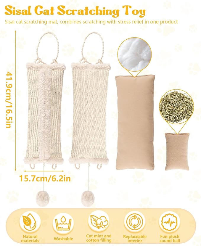 16.5 Inch Sisal Catnip Pillow Toy Kickers, Washable Sisal Cover, Interactive Cat Toys with Sisals Balls for Indoor Scratching, Chewing & Teething, Fun for Kittens and Adult Cats (Beige)