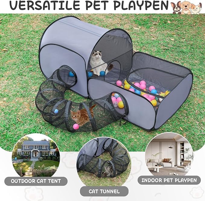 Tailtastic Pet Playpen with Surround Tunnel, Outdoor/Indoor Cat Playpen with Breathable Soft Sides，Tailtastic Cat Enclosure Tent for Small Animals, Portable Tent with Carry Bag (Medium)