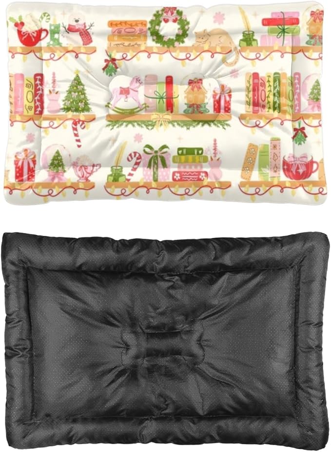 Christmas Bookshelf Pink Cat Crate Bed Non Slip Bottom Dog Winter Mat Washable Dog Crate Pad Pet Friendly Furniture Multi Scenario Multi Model Pad Gift Printed Backseat Pet Bed 24× 18 Inch