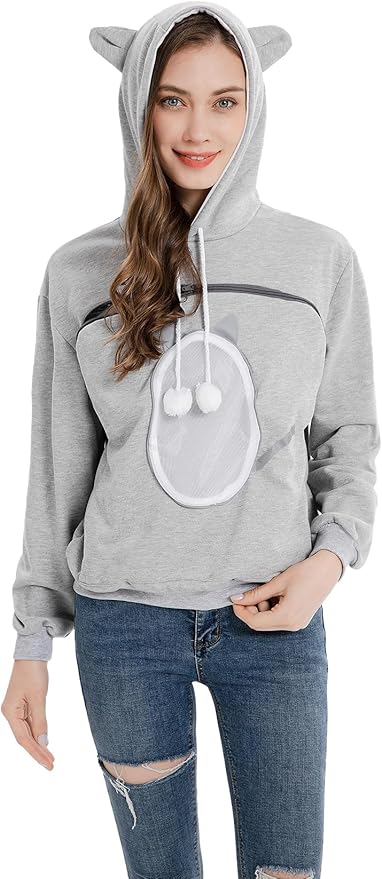 ALYC Pet Carrier Hoodie Cat Dog Pouch Holder Sweatshirt Large Pocket Pullover Shirt with Cat Ear for Women