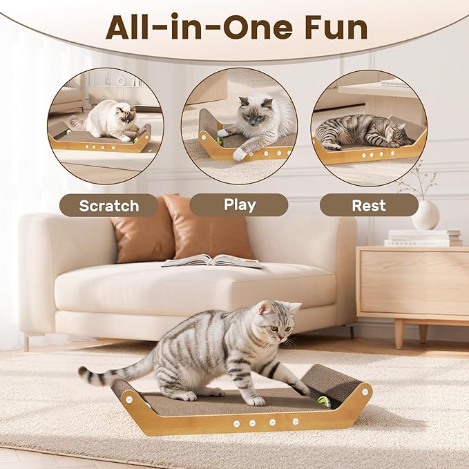 Large Cat Scratching Cardboard Pad, 24" Indoor Horizontal Corrugated Scratcher Bed with Interactive Ball Track, 2-in-1 Reversible Activity Board Lounger for Kitten Claws, Strong High Density