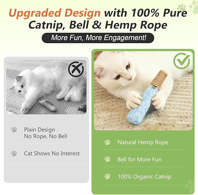 3 Pack Catnip Toys for Cats, Funny Kicker Cat Toys with Dental Rope & Jingle Bell, 100% Organic Catnip Catnip Toys, Bite-Resistant Chew Toy for Kitten Teething, Indoor Cat Toys