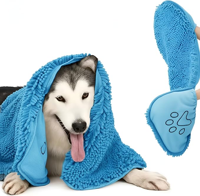 Super Absorbent Dog Drying Towel - 24.4''x10'' Chenille Microfiber Pet Bath Towel with Dual Hand Pockets, Quick Dry Soft Grooming Towel for Small Medium Large Dogs and Cats, Machine Washable (Blue)