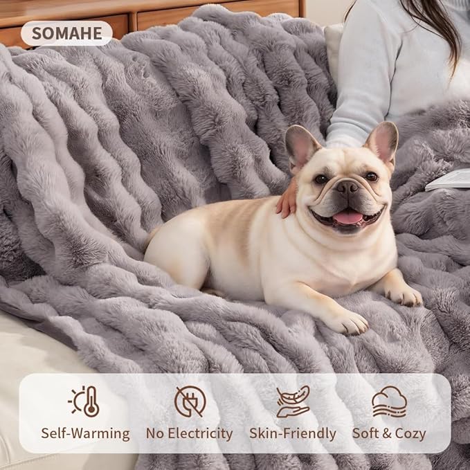 SOMAHE Dog Blanket, Reversible Sherpa & Bubble Fleece Pet Throw, Ultra-Soft Plush for Medium Dogs, Machine Washable, Anti-Static, Warm & Cozy, 39"×31" Inch Gray