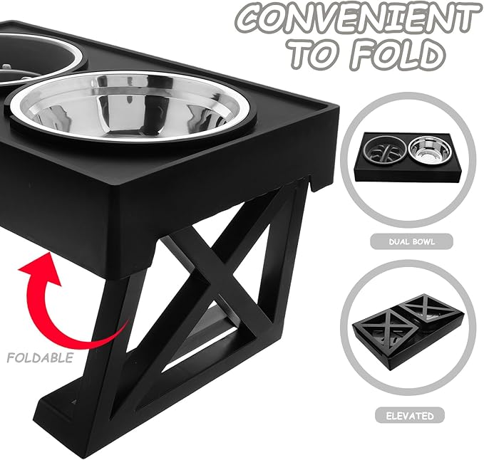 Beaupretty Elevated Double Pet Bowl Set Stainless Steel Slow Feeder with Adjustable Stand for Cats and Small Dogs Feeding and Watering Supplies
