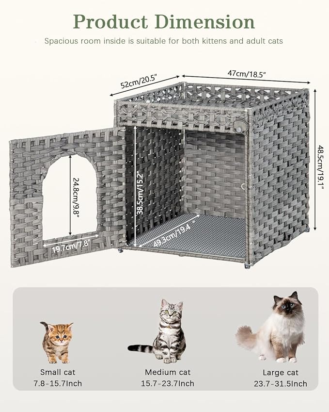 SETVSON Cat Litter Enclosure with Hidden Litter Mat and Rattan Cat House, Supports Two Litter Boxes, Ideal for Living Room or Bedroom (Gray)