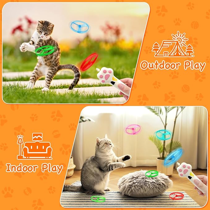 Cat Fetch Toy, Flying Cat Toy Disc Launcher with 6 Soft & Flexible Discs, Cat Toys for Indoor Cats, Interactive Cat Toy for Bored Kittens & Adult Cats