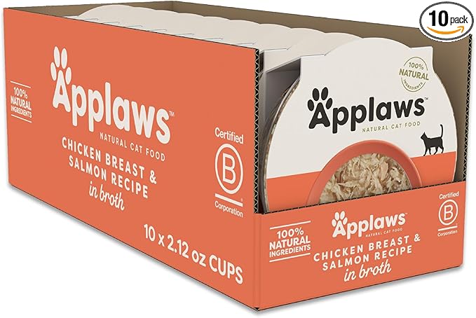 Applaws Natural Wet Cat Food in Broth, Limited and Natural Ingredients, High Protein with No Artificial Additives, Chicken Breast & Salmon in Broth (10 x 2.12 oz Easy-Open Cups)