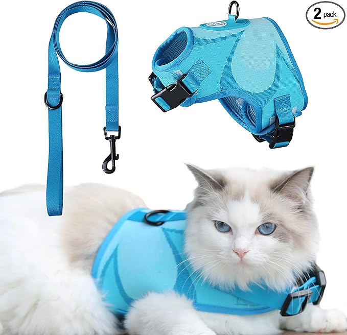 EVERKING Cat Harness and Leash Set, New Fly Fabric, Soft and Breathable, Adjustable cat Walking Jacket, Fashionable cat Vest (Blue, M(Neck 8.66"-12.6", Chest 12.6"-20.87", 12-19lbs))