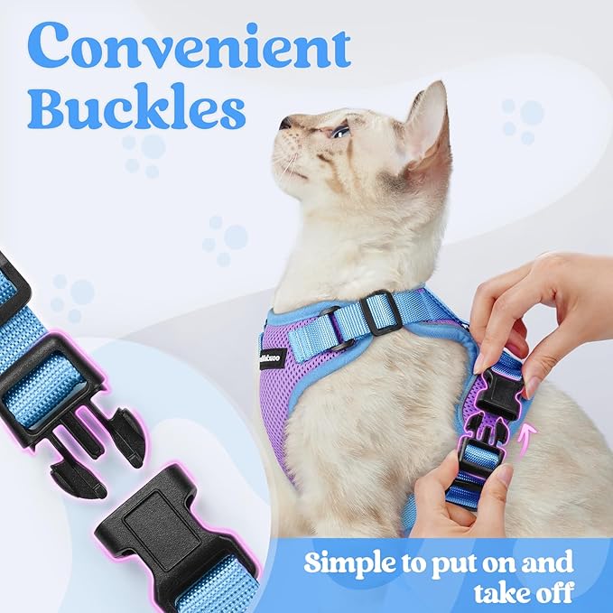 rabbitgoo Cat Harness and Leash Set, Escape Proof Soft Adjustable Vest Harnesses for Outdoor Walking, Easy Control Breathable Kitten Jacket with Reflective Strips, Purple & Blue, M