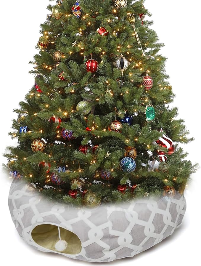 Large Cat Tunnel Bed Under Christmas Tree with Fluffy Toy Balls, Small Cushion and Flexible Design- 10 inch Diameter, 3 ft Length- Great for Cats, and Small Dogs, Gray Geometric Figure