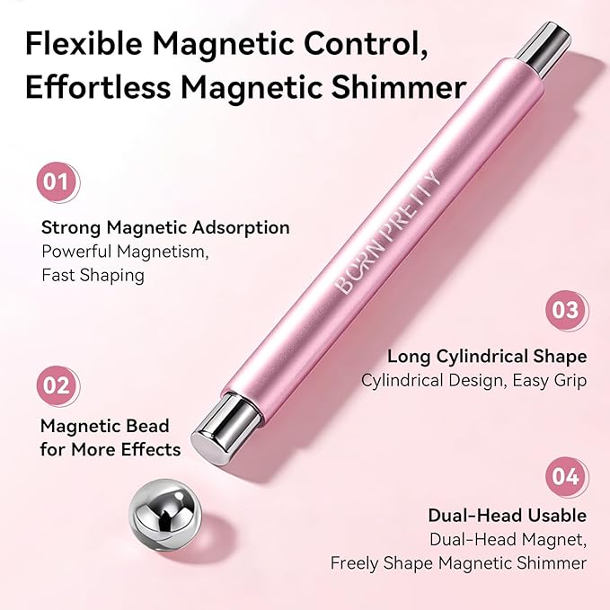 BORN PRETTY 3-in-1 Cat Magnetic Eye Magnet for Nails,Dual-Ended Cylindrical Magnetic Wand with Round Beads Multi-Function Cat Magnetic Eye Magnet Stick 3D Magnet Nail Art Design Tool for DIY(Pink)