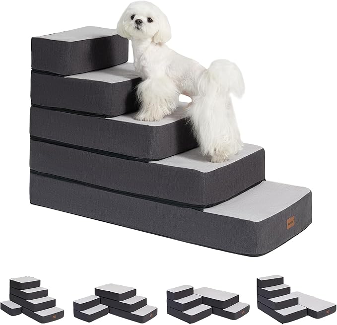 Garnpet 5-Step Adjustable Dog Stairs for High Beds, Dog Steps for Small Dogs and Cats, Foldable Pet Stairs for Bed Climbing, Non-Slip Pet Step Indoor, Grey