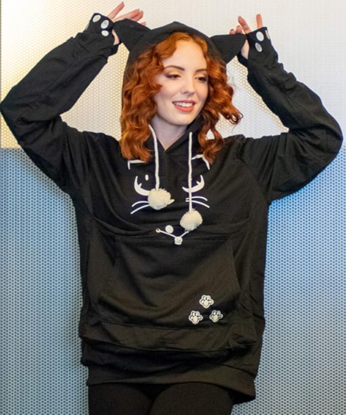 ALYC Unisex Hoodies Pet Holder Cat Dog Kangaroo Pouch Carriers Pullover with Cat Printing Sweatshirt (Black, XXXXL) ??