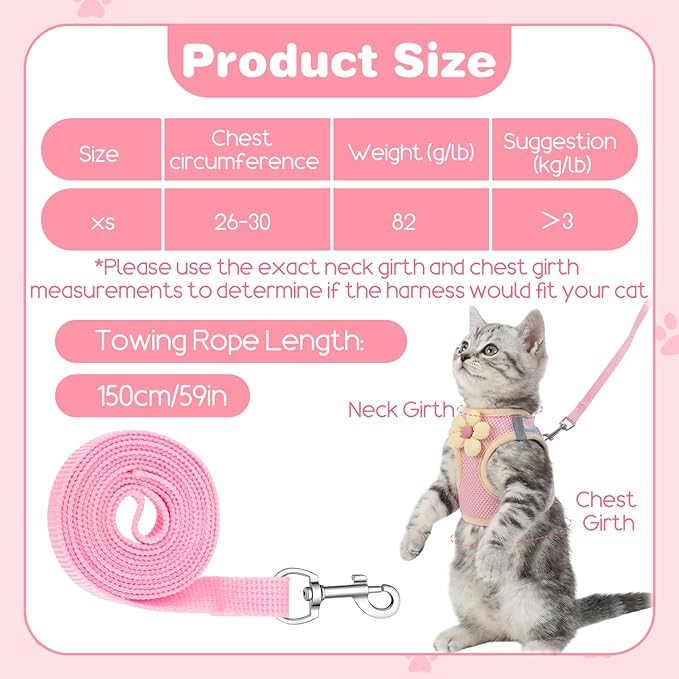 Flower Cat Harness and Leash Set for Walking Escape Proof, 10.2-11.8in Neck Adjustable Kitten Harness and Leash Set Breathable Soft Mesh with Reflective Strap for Kitten Bunny Cat Puppy
