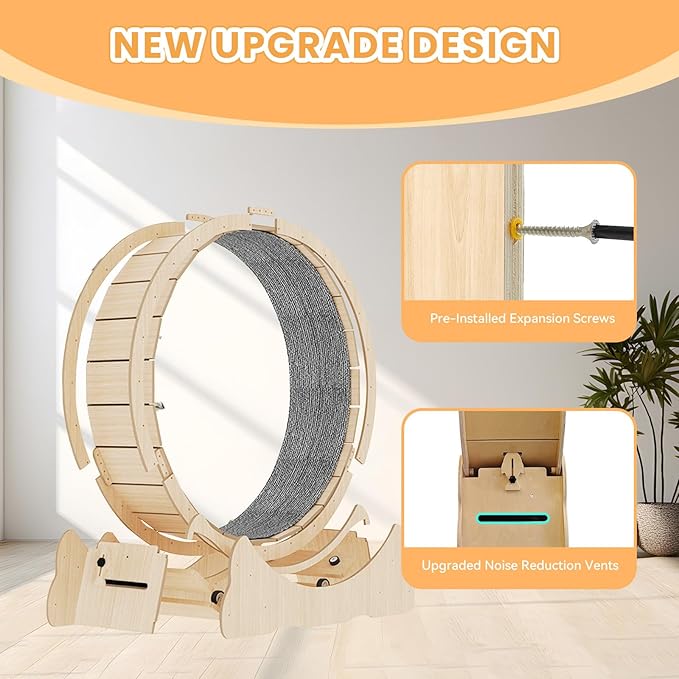 Homegroove XXL Cat Exercise Wheel, 52"/132cm Large Cat Wheel, Solid Wood Cat Treadmill with Integrated Safety Lock, Spine Alignment Design for Large Indoor (XXL, Natural Wood)