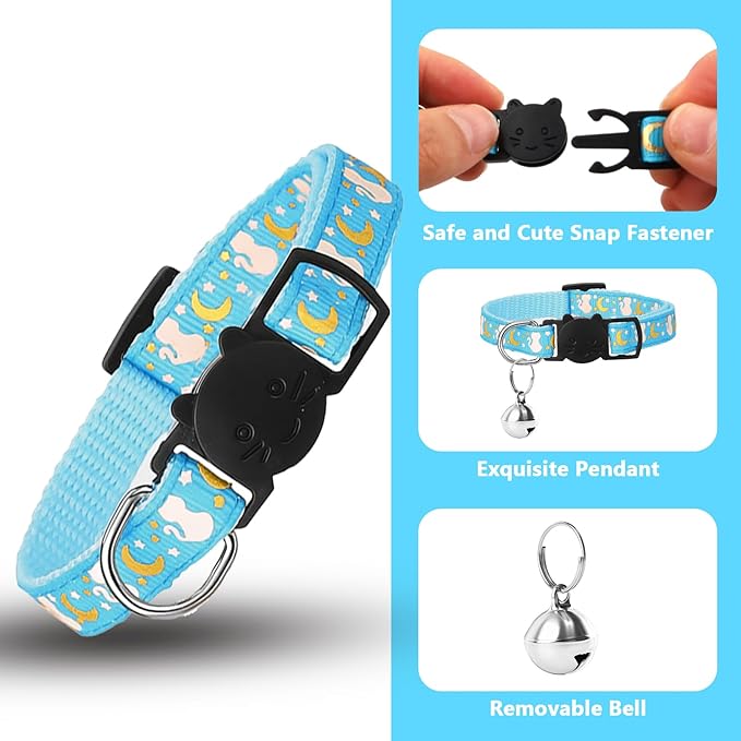 10PCS Breakaway Cat Collars with Bell, Glow in The Dark Adjustable Kitten Collars with Star Moon Pendant, 10 Color Cute Kitty Collars for Girl Boy Cats Pet Accessories