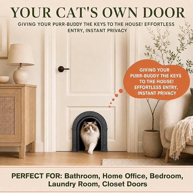 Cat Door for Interior Doors Large Cat Door - No-Flap, No Training Needed, Fits Cats Up to 25 lbs, Easy Installation, Installs in Minutes, Fits 1.25" to 1.75" Thick Solid & Hollow Doors Black