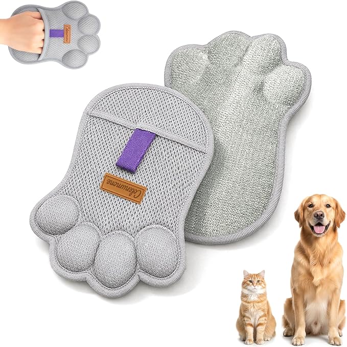 2PCS Paw Shape Pet Hair Removal Glove for Dogs & Cats, Reusable Electrostatic Lint Remover Brush for Couch, Carpet, Clothing, Bed, Car Seat, Upgraded Design（Gray）
