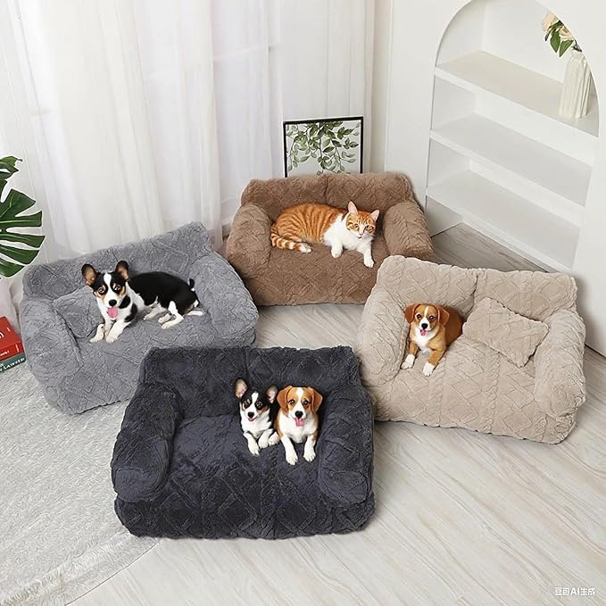 Plush Calming Pet Sofa Bed, Soft Cat Dog Couch with Removable Cover, Large Kennel Cat Sleeping Sofa Chair Furniture, Non-Slip Bottom for Supplies Cats Dogs(Beige,XXX-Large)