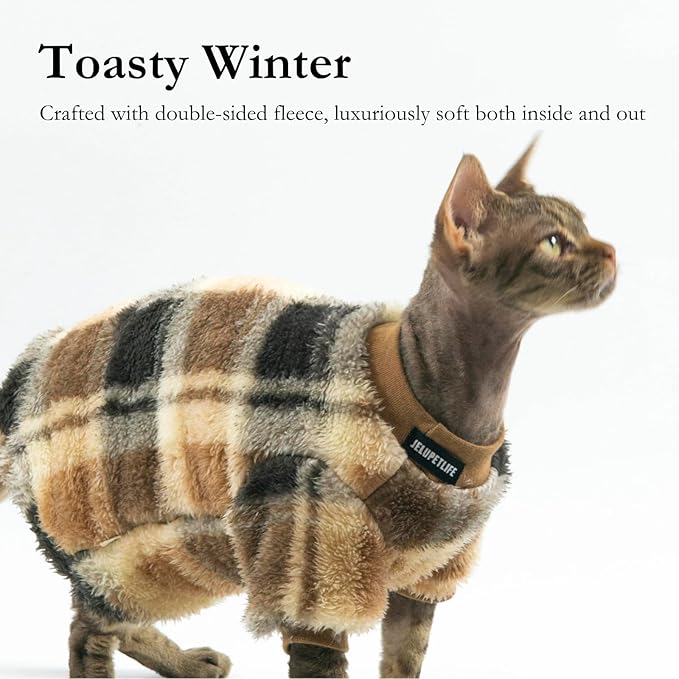 Cat Double-Sided Fleece Clothes, Soft Warm Winter Jumpsuit Sweater Shirt Clothing for Hairless Sphynx, Devon & All Indoor Kittens (Green,M)