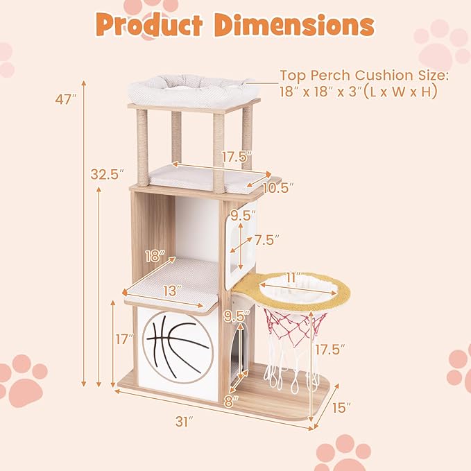 Tangkula Modern Cat Tree, 47 Inch Sports-Themed Cat Tower with Jute Scratching Posts, 2 Cat Condos, Perches, Basketball Hoop Hammock, Removable & Washable Cushions, Multi-Layer Large Wood Cat Tree