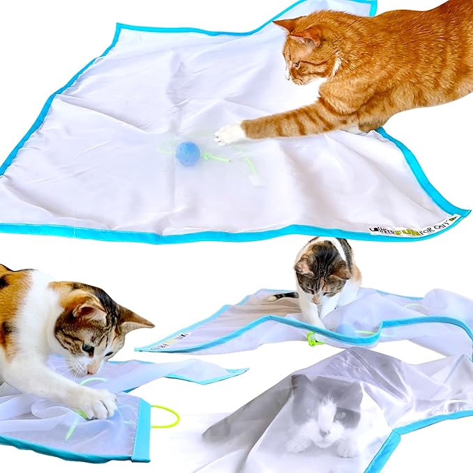 Toy, Renews Old Toys, Engages Hunting Instincts, Made in USA, Ball, Versatile, Quiet, Crinkle Edges, Cats, Kittens, cat playmat, Bed, Hide and Seek, Blue & White, 27"x37"