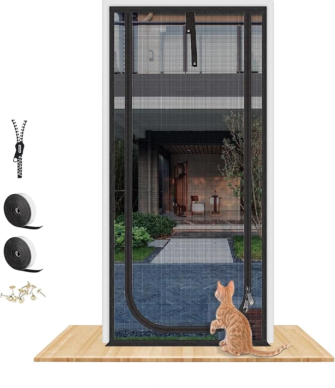 Reinforced Cat Screen Door,Fits Door Opening Size 38''x 82',Thickened Cat Resistant Mesh Screen Door for Living Room,Kitchen,Bedroom,Cat Proof Screen with Zipper Closure.