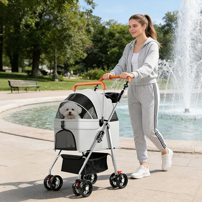 YYW Pet Stroller for Small Dogs & Cats, 3 in 1 Foldable Kittens Puppies Travel Strolling Cart with Removable Carrier, Cup Holder, Storage Basket & Lockable Wheels(Gray)