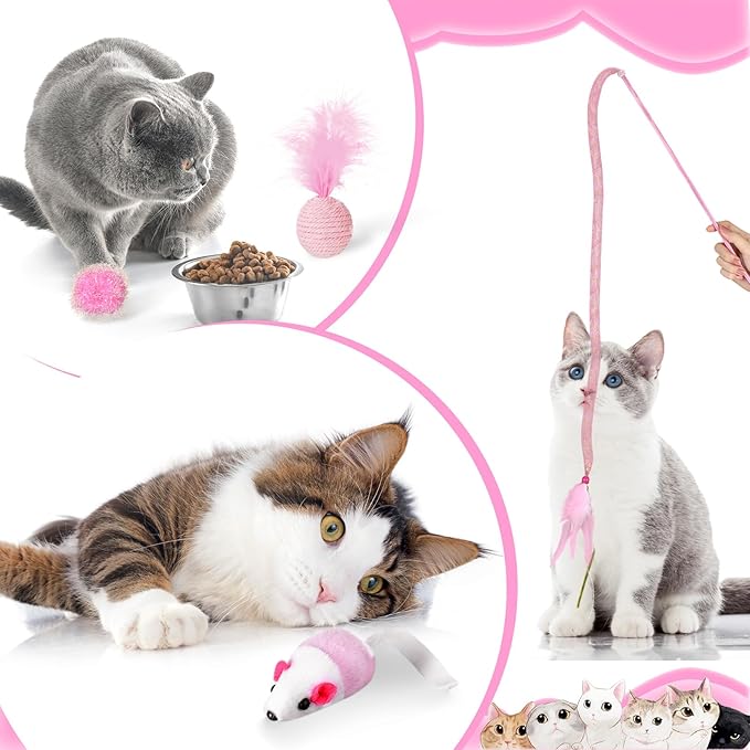 Foilswirl 24 Pcs Cat Toys Set Interactive Kitten Toys Pack Including Collapsible Play Tunnel Feather Teaser Wand Fuzzy Ball Springs Pillow Mouse Bells for Indoor Cats Puppy(Pink)
