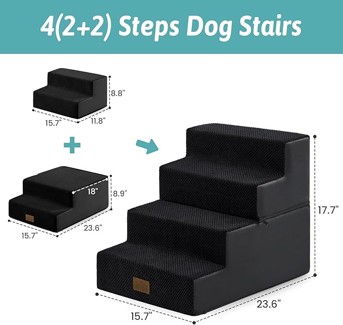 COZY KISS Dog Stairs for Small Dogs, 4 Tier Removable Pet Stairs for Couch and Bed, 17.7" H Dog Steps for Old Cats, Puppy, Small Dogs, 15.7x23.6x17.7 inch, Black