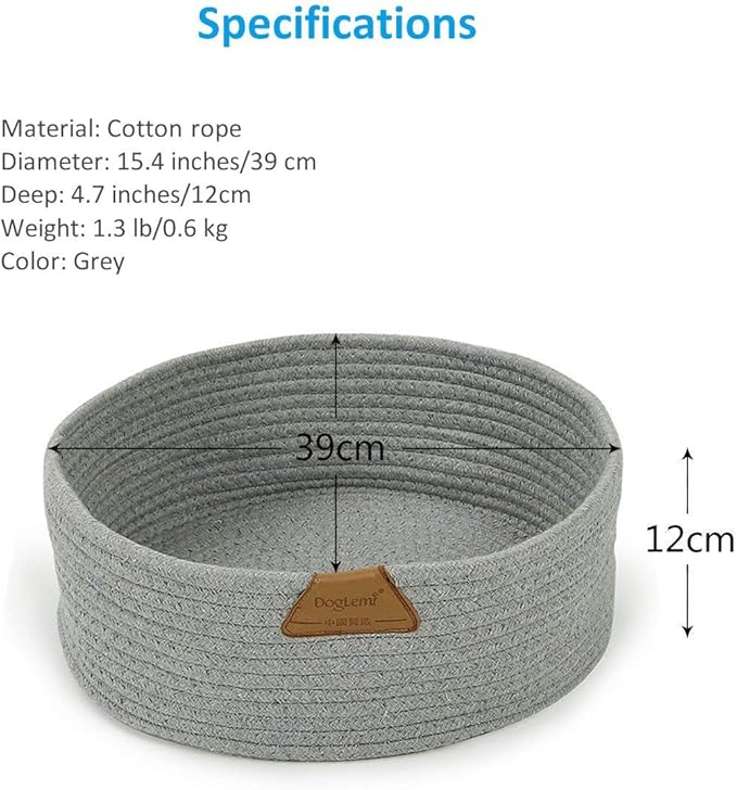Cat Bed Basket Nest Round Cotton Rope Woven Warm Medium,Pet Sleeping Bed House Cute Fun Scratcher Scratching Scratch Mat Pad for Puppy Small Dogs Indoor Play Eco Washable Winter Summer (Gray)