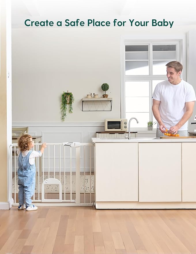 Babelio 36" Tall Upgraded Baby Gate with Cat Door, 29-43" Auto Close Durable Dog Gate for Stairs, Doorways and House, Easy Walk Thru Safety Gate with Pet Door Includes 4 Wall Cups, White