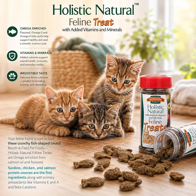 Bench & Field Holistic Natural Healthy Kitty Cat Treats | Crunchy Fish-Shaped Bites | Delicious Seafood Flavored Snack, 3-Ounce (Pack of 6 Bottles)
