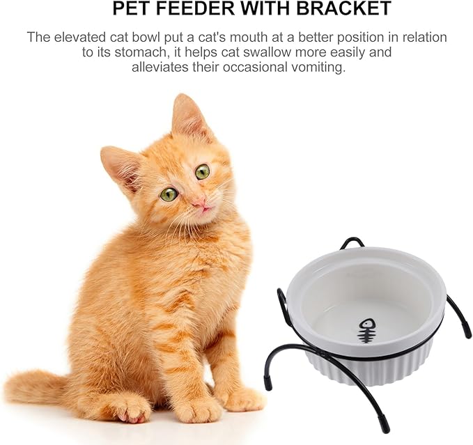 Ceramic Cat Bowl with Raised Iron Bracket, High Base Pet Food Feeder Set, White Fish Bone Bowl and Black Cat Ear Stand for Neck Protection and Indoor Feeding