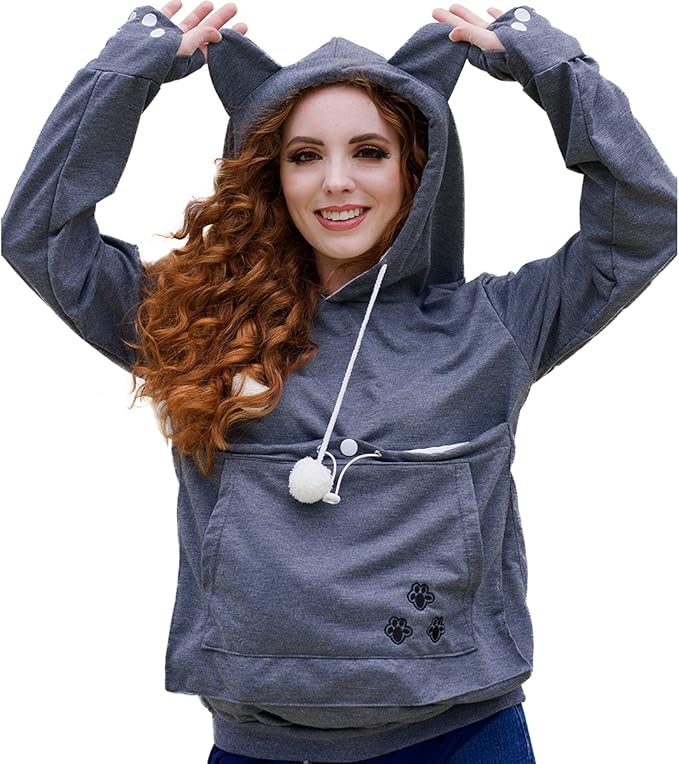 ALYC Unisex Hoodies Pet Holder Cat Dog Large Pouch Carriers Pullover with Cat Printing Sweatshirt (Dark Grey-Classic Version, S)