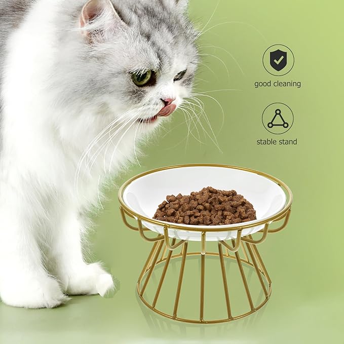 Garneck Elevated Cat Food Bowl with Ceramic Whisker-Friendly Dish and Gold Metal Stand, Anti-Vomiting Raised Pet Feeder for Cats, Compact Feeding and Watering Bowl for Indoor Use