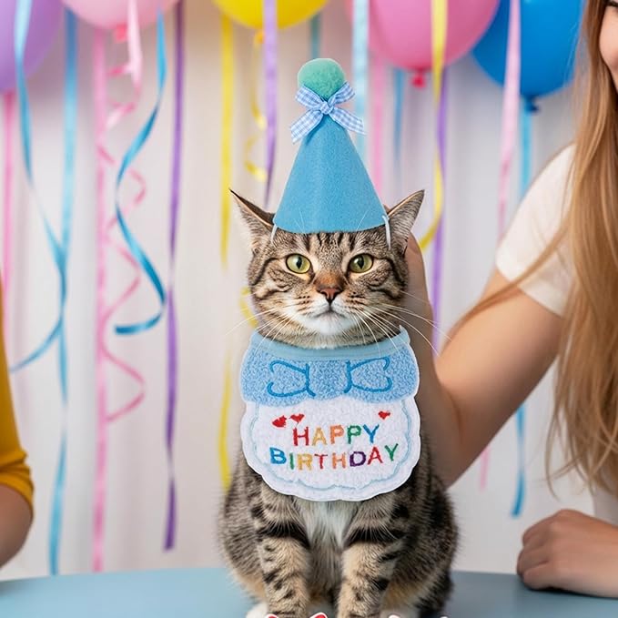 Tyqour Cat Birthday Hat Birthday Hats for Stuffed Animals Dog Party Hat Birthday Party Decorations Set for Small Medium Cats & Dogs (Blue)