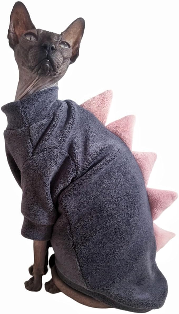 Dinosaur Sphynx Cat Clothes, Soft Polar Fleece Sweater for Cat, Elastic Pet Clothes Thick Winter Warm Outfit for Hairless Cat, Devon, Cornish, Small Dogs Apparel with Sleeves (Grey, X-Large)