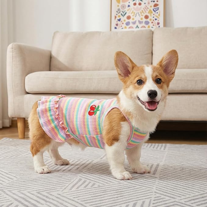 Jmkcoz Cute Striped Dog T Shirts Cherry Puppy Dress Soft Cotton Pet Sleeveless Vest Clothes Spring Summer Pet Outfits for Small Dogs Cats Girl (Pink, Medium)
