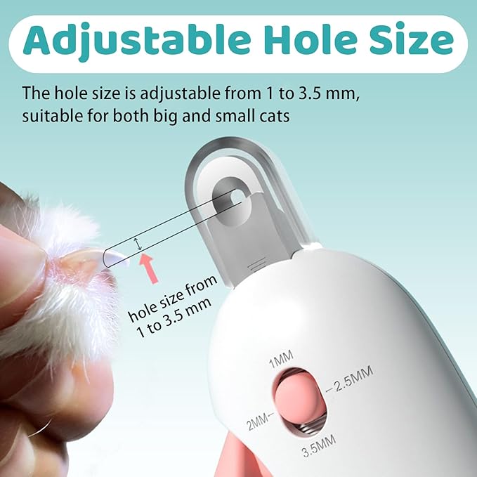 Cat Nail Clipper, Adjustable 3 Size Trimming Hole & Hidden Nail File, for Kittens & Indoor Cats, Anti-Splash Claw Cutter (Pink)