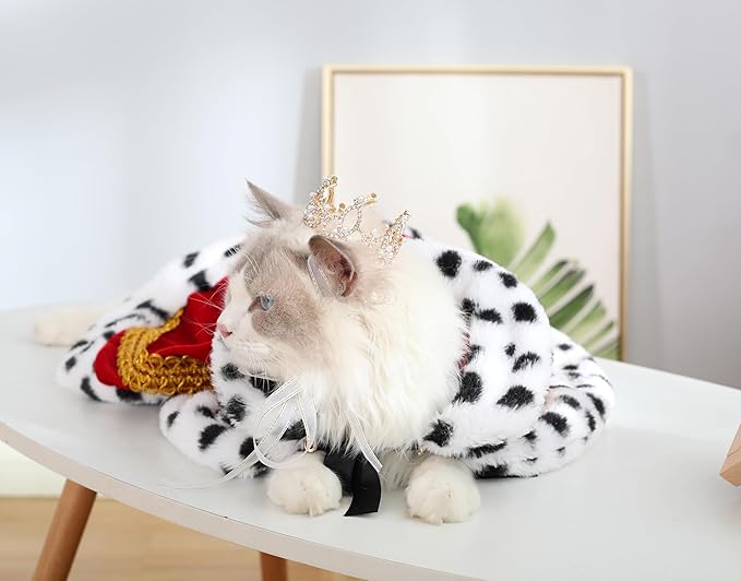 Lovelyshop Pet Serial Majestic Dog/Cat Costume Collection with Lux Velvet Cloak and Gold Pearl Crown Set for Halloween,King Queen Prince and Princess Cosplay-S