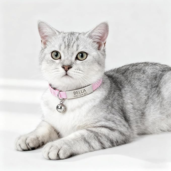 Quick-Release Lightweight Elastic Cat Collar - Custom Engraved ID Tag Safety Collar for Indoor/Outdoor Cats, Personalized Name Plate to Prevent Loss