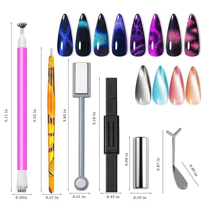 WOKOTO 5pcs Cat Eye Magnets For Nails With 5 Pcs Y-Shape Stencil For Heart Cat Eye Nail Magnet Tools Set, Cylinder, Flower, Pointed Powerful Nail Magnet For Nail Art, Flower Heart Magnet For Nails