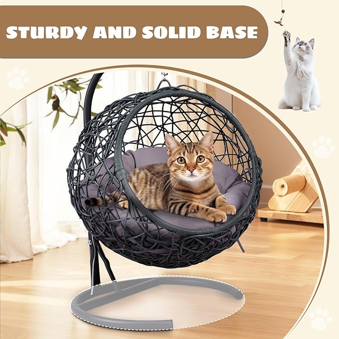 Hanging Cat Swing Bed with Stand & Cushion – Rattan Wicker Egg Chair for Cats, Small Dogs & Pets, Indoor Swinging Bed, Cozy Resting Spot, Modern Design (Gray+ HDPE)