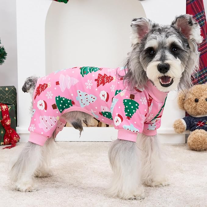XPUDAC Christmas Dog Pajamas Christmas Tree Puppy Clothes for Small Medium Dogs Girl Holiday Pet Outfit Pjs Doggie Bodysuit Cat Apparel, Pink, L
