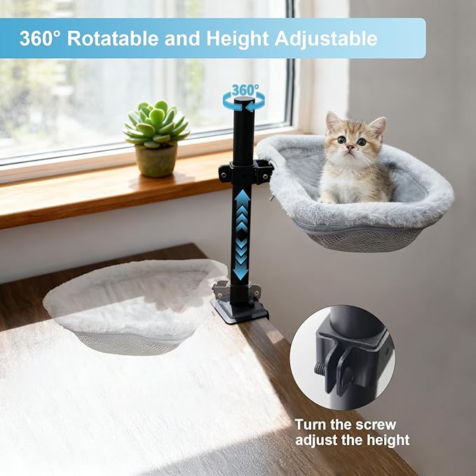 Cat Desk Bed - 360° Rotating Height Adjustable Cat Hammock for Desks & Tables, Soft Washable Dual-Sided Plush & Mesh Mat for Indoor Cats and Puppy, Supports Up to 45lbs, Suitable for Office Home Use