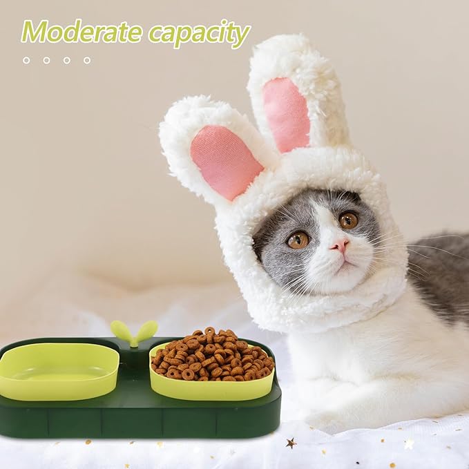KOMBIUDA Cat Pet Bowl Double Feeding and Watering Bowl, Plastic Indoor Pet Food and Water Dish for Cats and Dogs, Sturdy Non-Slip Design, Moss Green, Suitable for Home Use