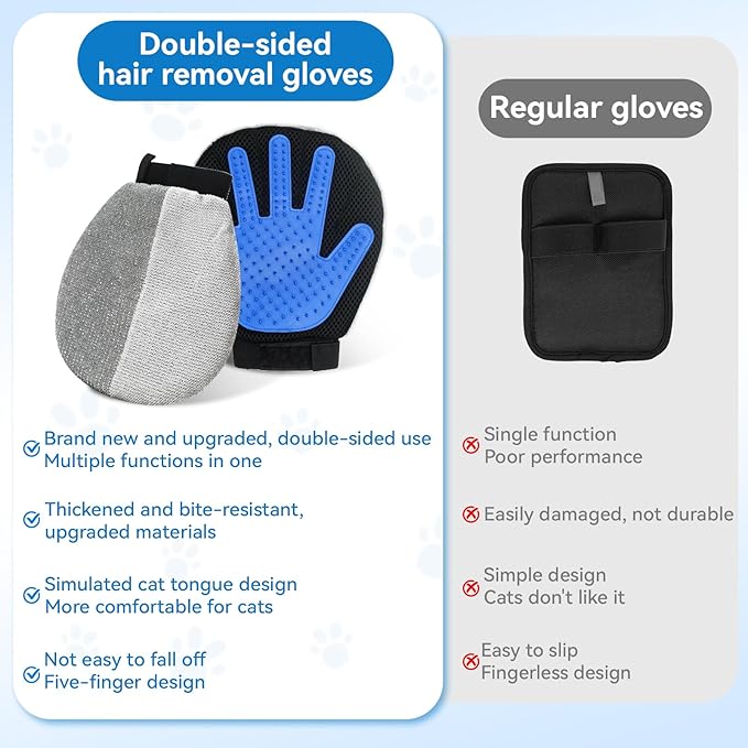 Pet Hair Removal Gloves Dual-Sided Electrostatic Hair Removal and Silicone Fur Gentle Deshedding Efficient Brush for Dog and Cat Reusable Pet Fur Grooming Glove for Couch, Clothing, Carpet, Car Seat